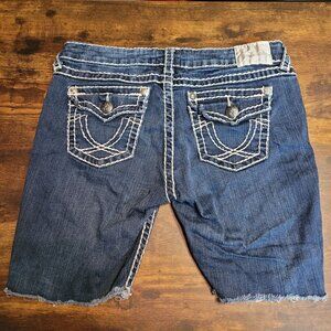 LA Idol Cut Off Denim Shorts Size 11 Low Rise Raw Hem Thick Stitch Button Flaps